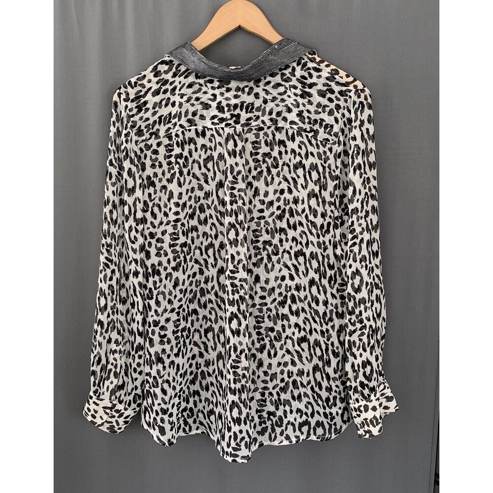 Chicos Chiffon Button Up Blouse Large Sheer Leopard Cheetah Mob Wife Glam Chic - Picture 14 of 16
